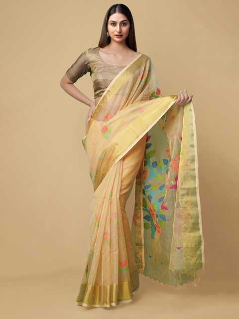 

Unnati Silks Yellow & Blue Floral Silk Cotton Maheshwari Saree
