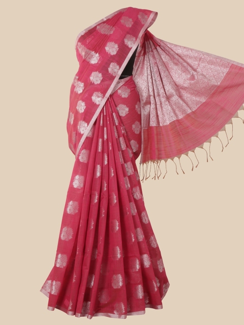 Pothys Pink & Silver-Toned Floral Zari Saree