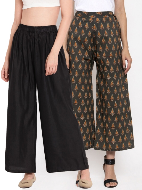 

TAG 7 Women Black & Orange 2 Flared Ethnic Palazzos