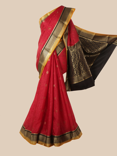 

Pothys Red & Black Floral Zari Pure Silk Mysore Silk Saree