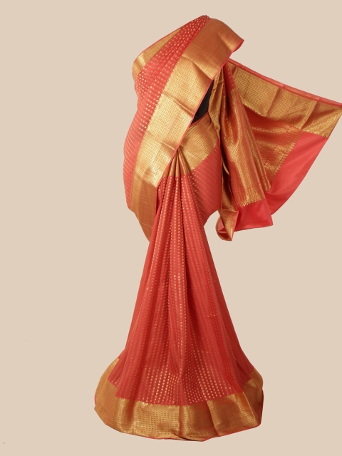 

Pothys Peach & Gold-Toned Woven Design Zari Pure Silk Mysore Silk Saree