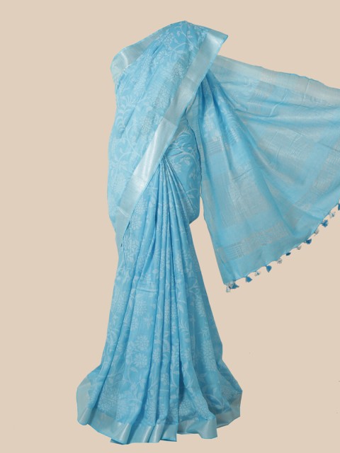 

Pothys Blue & Silver-Toned Floral Jute Cotton Saree