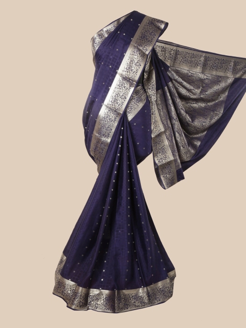 

Pothys Blue & Silver-Toned Floral Pure Silk Mysore Silk Saree