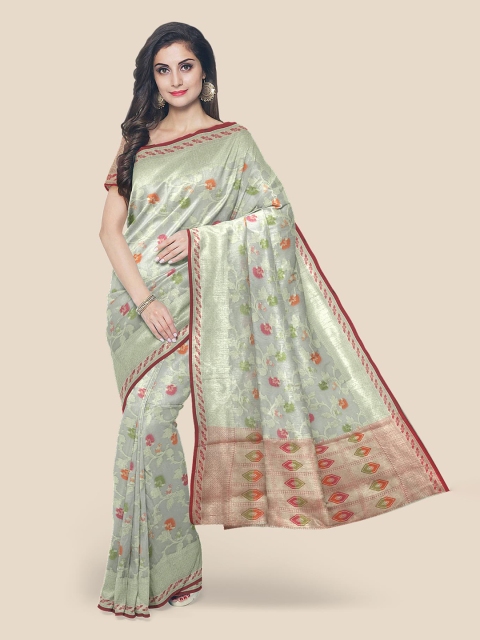 

KLM Fashion Mall Grey & Pink Floral Silk Blend Saree