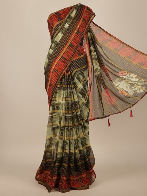 

Pothys Brown & Orange Checked Sequinned Saree