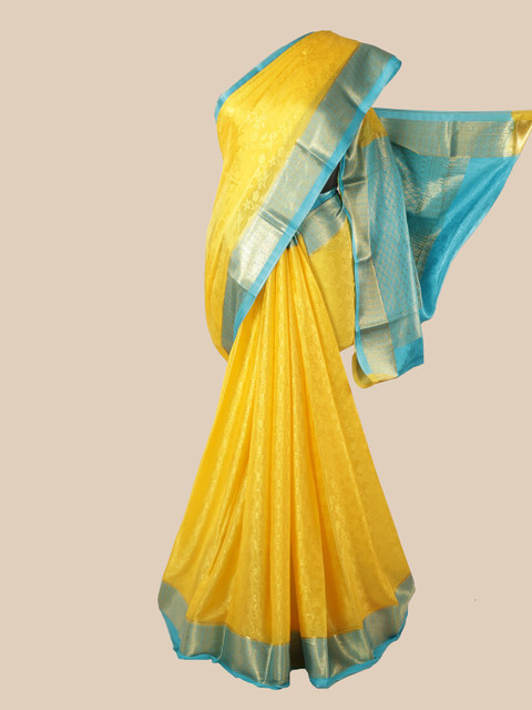 

Pothys Yellow & Turquoise Blue Floral Pure Silk Mysore Silk Saree