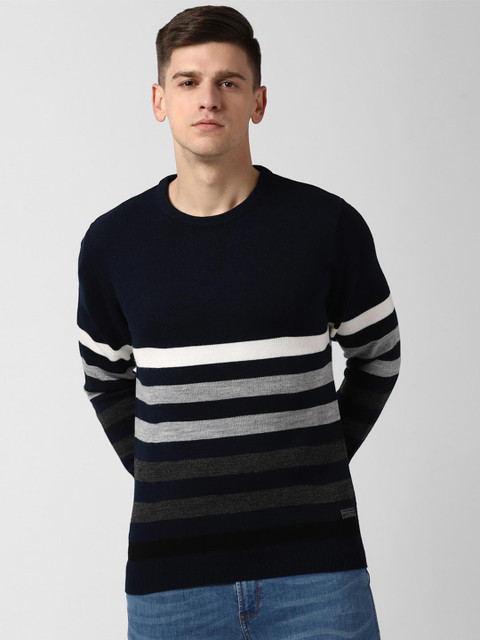 

Peter England Casuals Men Navy Blue & Grey Striped Pullover