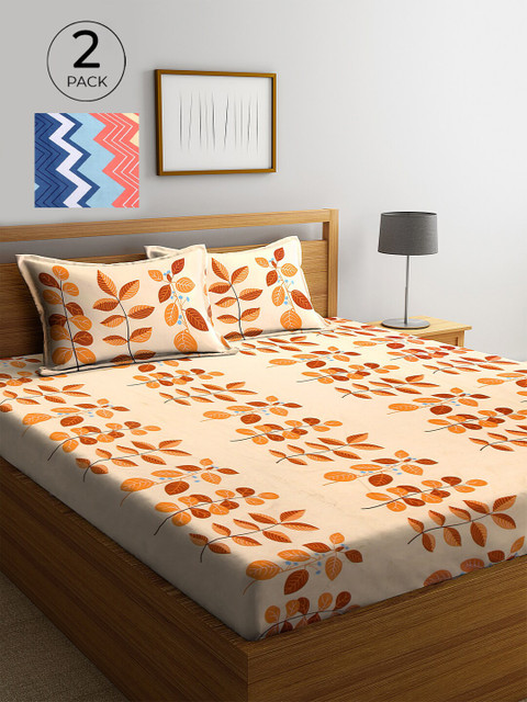 

KLOTTHE Orange & Blue Floral 210 TC 2 King Bedsheet with 4 Pillow Covers