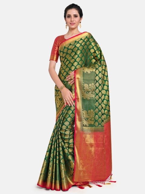 

MIMOSA Green & Red Ethnic Motifs Zari Art Silk Kanjeevaram Saree