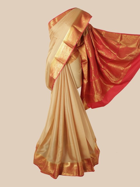 

Pothys Cream-Colour & Red Paisley Pure Silk Mysore Silk Saree