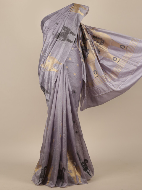 

Pothys Grey & Gold-Toned Woven Design Jute Silk Saree