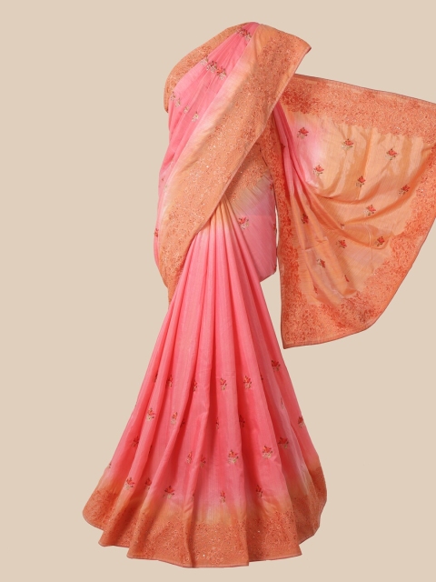 

Pothys Pink & Orange Floral Beads and Stones Jute Silk Saree