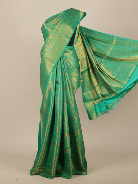 

Pothys Green & Gold-Toned Woven Design Jute Silk Saree