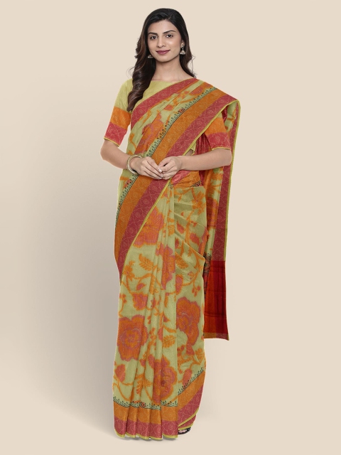 

Kalamandir Green & Orange Floral Silk Blend Banarasi Saree