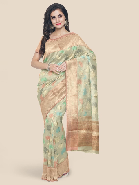

KLM Fashion Mall Grey & Peach-Coloured Woven Design Zari Chanderi Saree
