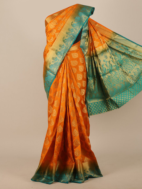 

Pothys Orange & Green Ethnic Motifs Zari Jute Silk Saree