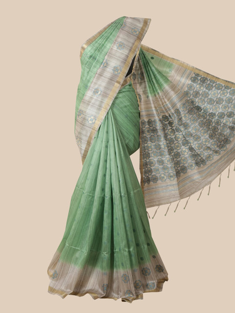 

Pothys Green & Grey Floral Jute Silk Saree
