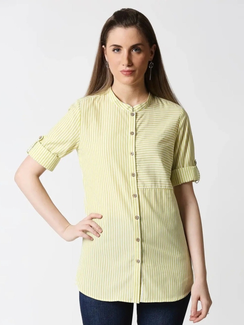 

Bewakoof Green Striped Mandarin Collar Shirt Style Top