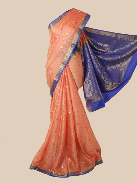 

Pothys Peach & Blue Floral Pure Silk Mysore Silk Saree