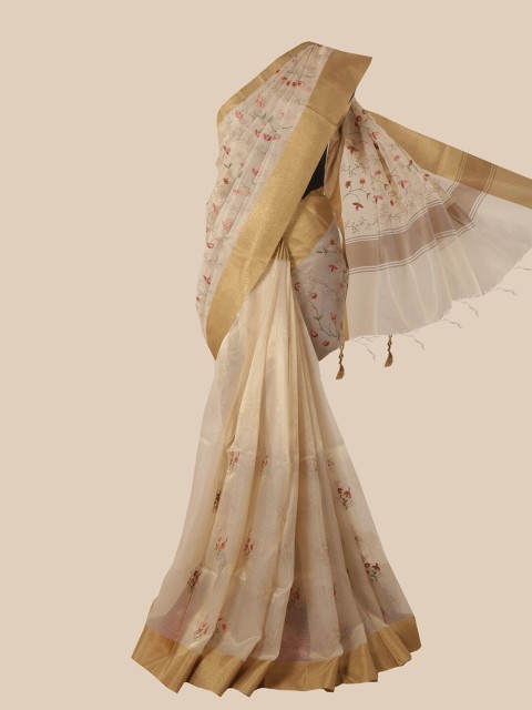 

Pothys Cream Floral Embroidered Tissue Saree