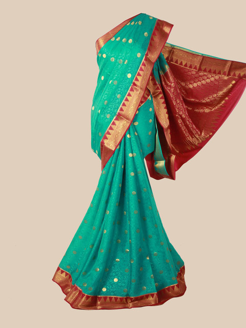 

Pothys Teal Green & Red Woven Design Zari Pure Silk Mysore Silk Saree
