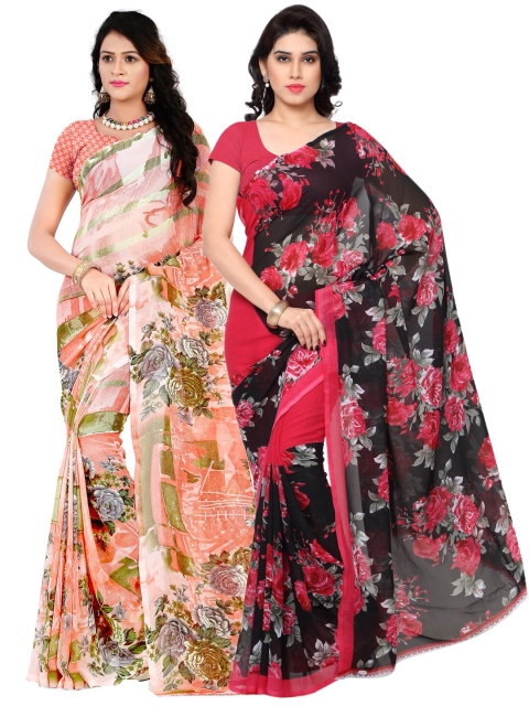

KALINI Pack of 2 Pink & Peach-Coloured Floral Poly Georgette Saree