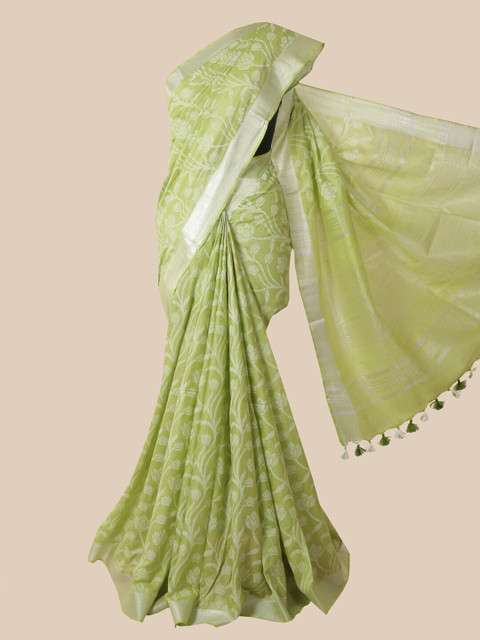 

Pothys Green & White Floral Jute Cotton Saree