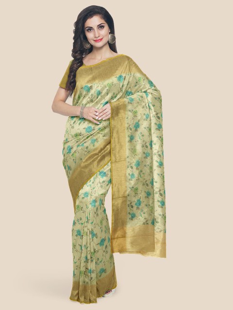 

Kalamandir Cream-Coloured & Turquoise Blue Floral Saree