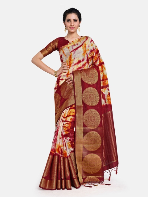 

MIMOSA White & Maroon Tie and Dye Linen Blend Banarasi Saree
