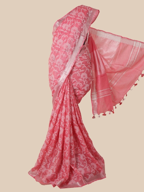 

Pothys Pink & White Floral Zari Jute Cotton Saree