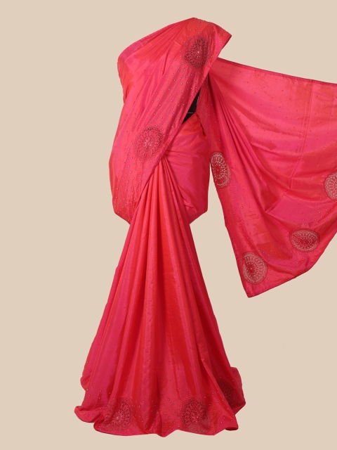 

Pothys Pink & Silver-Toned Embellished Beads and Stones Art Silk Saree