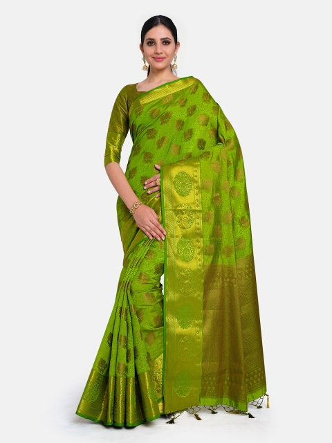 

MIMOSA Olive & Gold-Toned Floral Zari Art Silk Kanjeevaram Saree