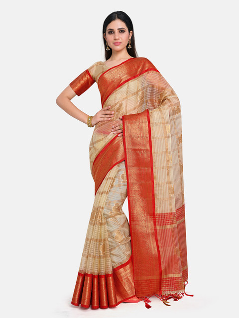 

MIMOSA Beige & Red Checked Organza Banarasi Saree