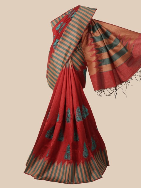 

Pothys Maroon & Sea Green Ethnic Motifs Embroidered Jute Silk Saree