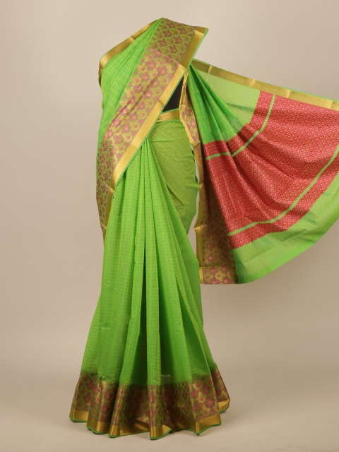 Pothys Green & Pink Checked Pure Cotton Saree