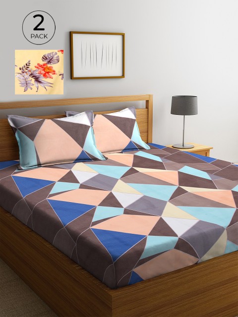 

KLOTTHE Yellow & Blue Geometric 210 TC 2 King Bedsheet with 4 Pillow Covers