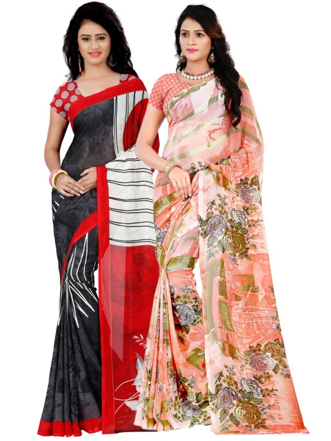 

KALINI Pack Of 2 Peach & Grey Floral Sarees