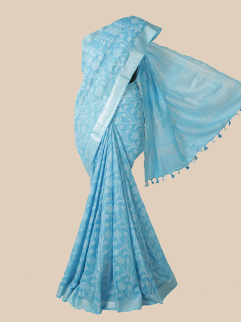 

Pothys Blue & White Floral Jute Cotton Saree