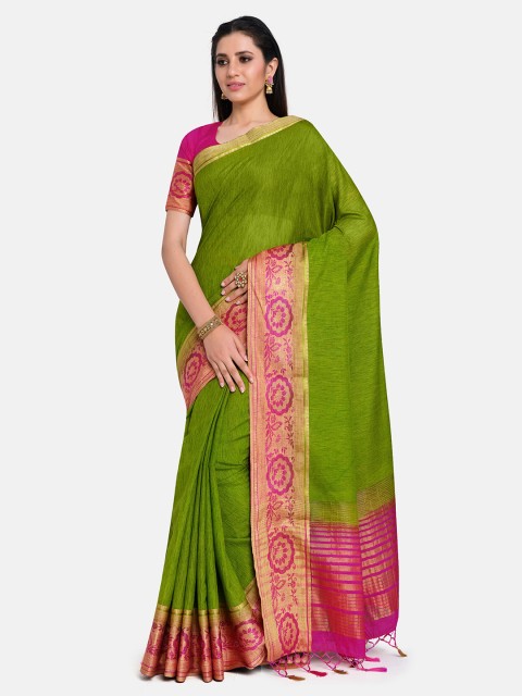 

MIMOSA Green & Pink Zari Linen Blend Banarasi Saree
