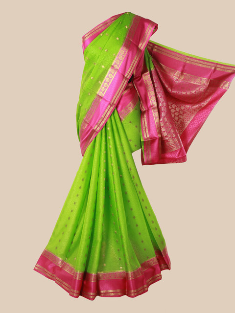 

Pothys Green & Pink Ethnic Motifs Zari Pure Silk Mysore Silk Saree