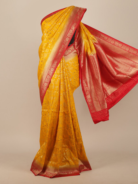 

Pothys Yellow Floral Zari Jute Silk Saree