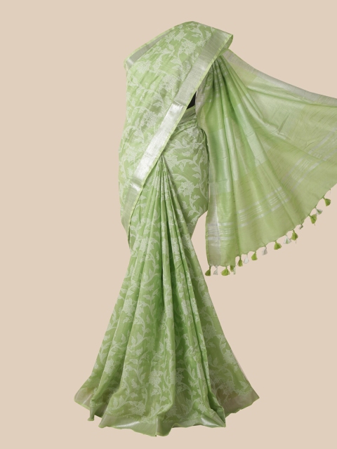 

Pothys Green & White Floral Jute Cotton Saree