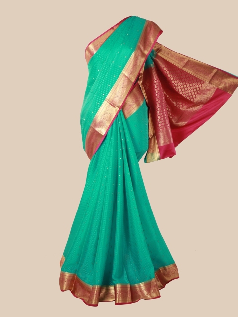 

Pothys Turquoise Blue & Red Woven Design Pure Silk Mysore Silk Saree