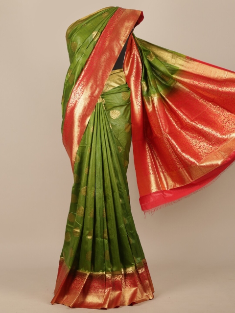 

Pothys Green & Orange Ethnic Motifs Zari Jute Silk Saree