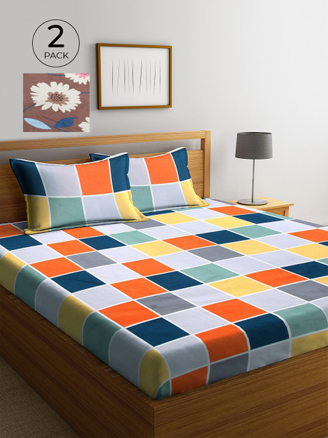 

KLOTTHE Blue & Orange Geometric 210 TC 2 King Bedsheet with 4 Pillow Covers