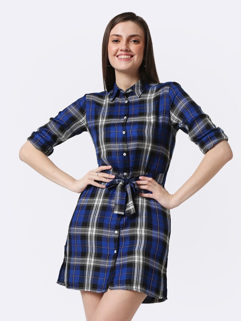 

Bewakoof Women Blue Checked Shirt Style Top