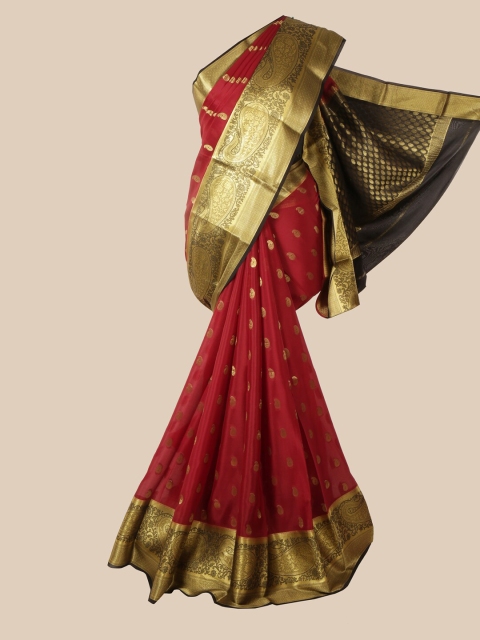 

Pothys Maroon & Gold-Toned Paisley Zari Pure Silk Mysore Silk Saree