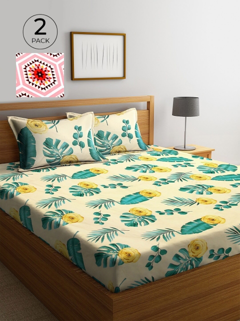 

KLOTTHE Green & Yellow Floral 210 TC 2 King Bedsheet with 4 Pillow Covers