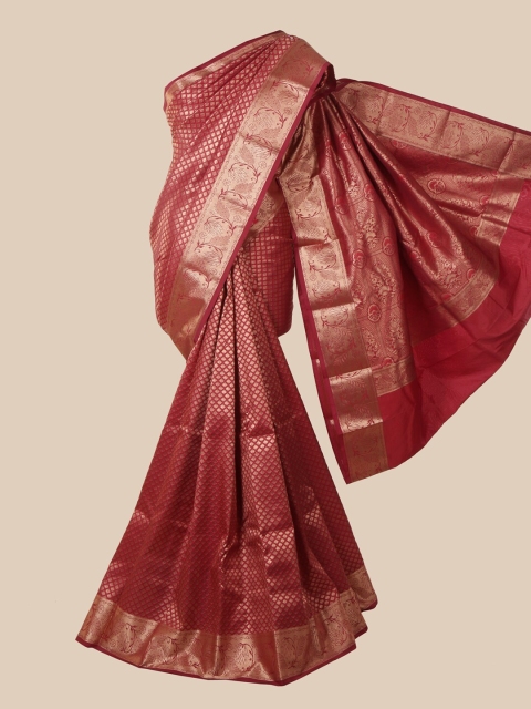 

Pothys Maroon & Gold-Toned Woven Design Zari Pure Silk Saree