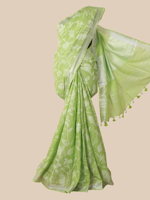 

Pothys Green & White Floral Zari Jute Cotton Saree